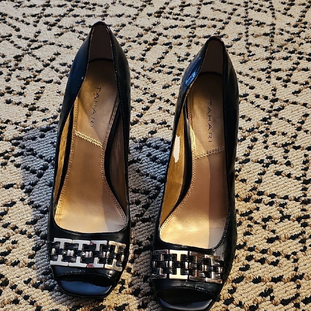 Tahari Black Peep Toe Heels with Silver Accent